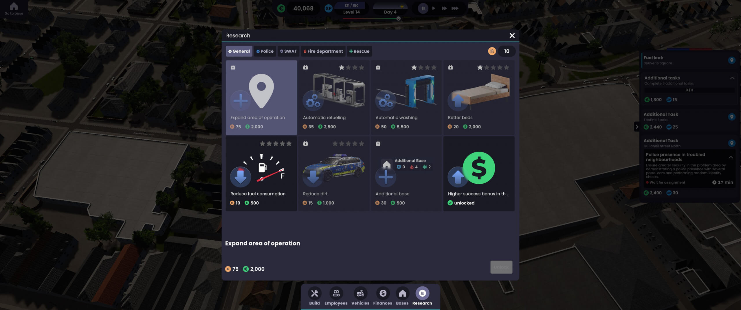 Global Rescue's building game interface shows a research panel with options like "automatic sorting" and "border tools," each with icons and costs.
