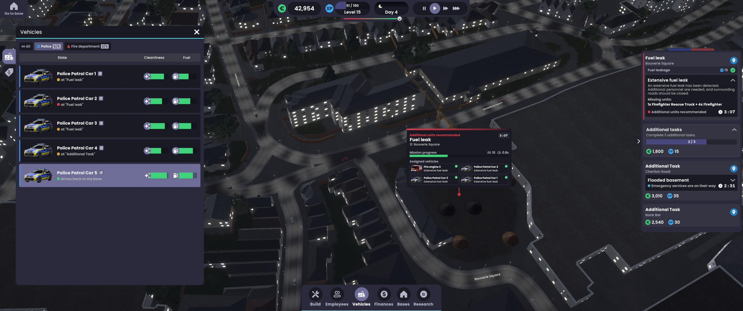 A nighttime view in Global Rescue showing illuminated streets and buildings. A sidebar lists police patrol cars, suggesting a management task. Notifications on the right indicate a 'Fuel Leak' scenario, displaying tasks and progress bars. The scene conveys a strategic and engaging gaming environment.