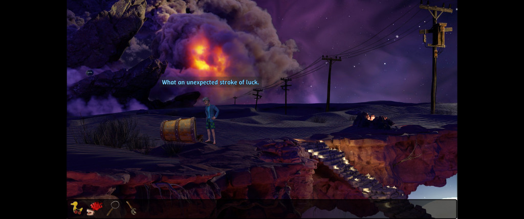 Hector stands on a cliff beside a barrel, overlooking a fiery volcanic eruption under a starry sky. Text reads, "What an unexpected stroke of luck."