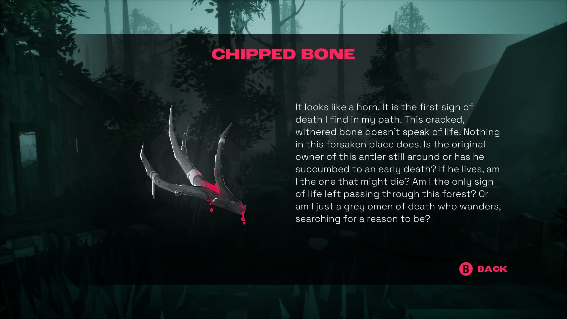 A chipped bone resembling a horn floats against a dark forest backdrop. Text reflects on death and isolation in a haunting, introspective tone.