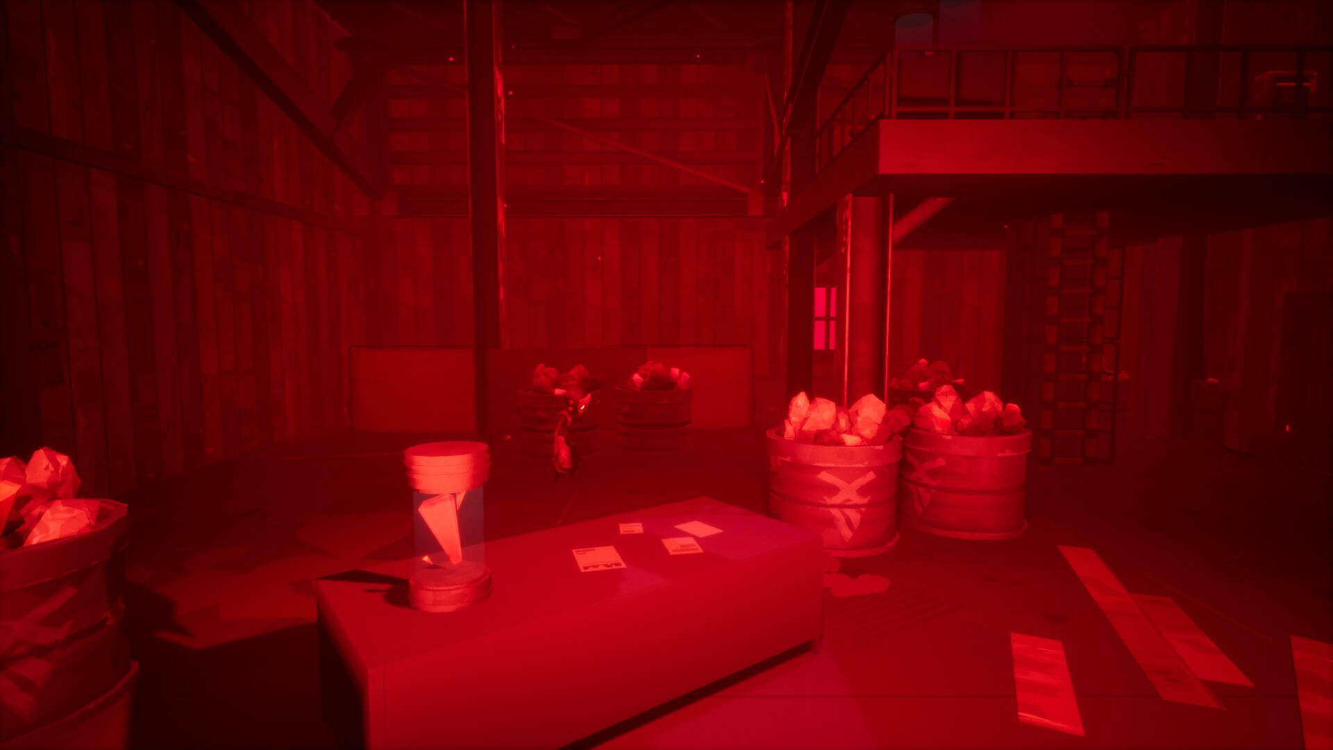 Red-tinted room with wooden walls and barrels filled with bags. A table sits in the center holding a small object and papers, creating a mysterious ambiance.