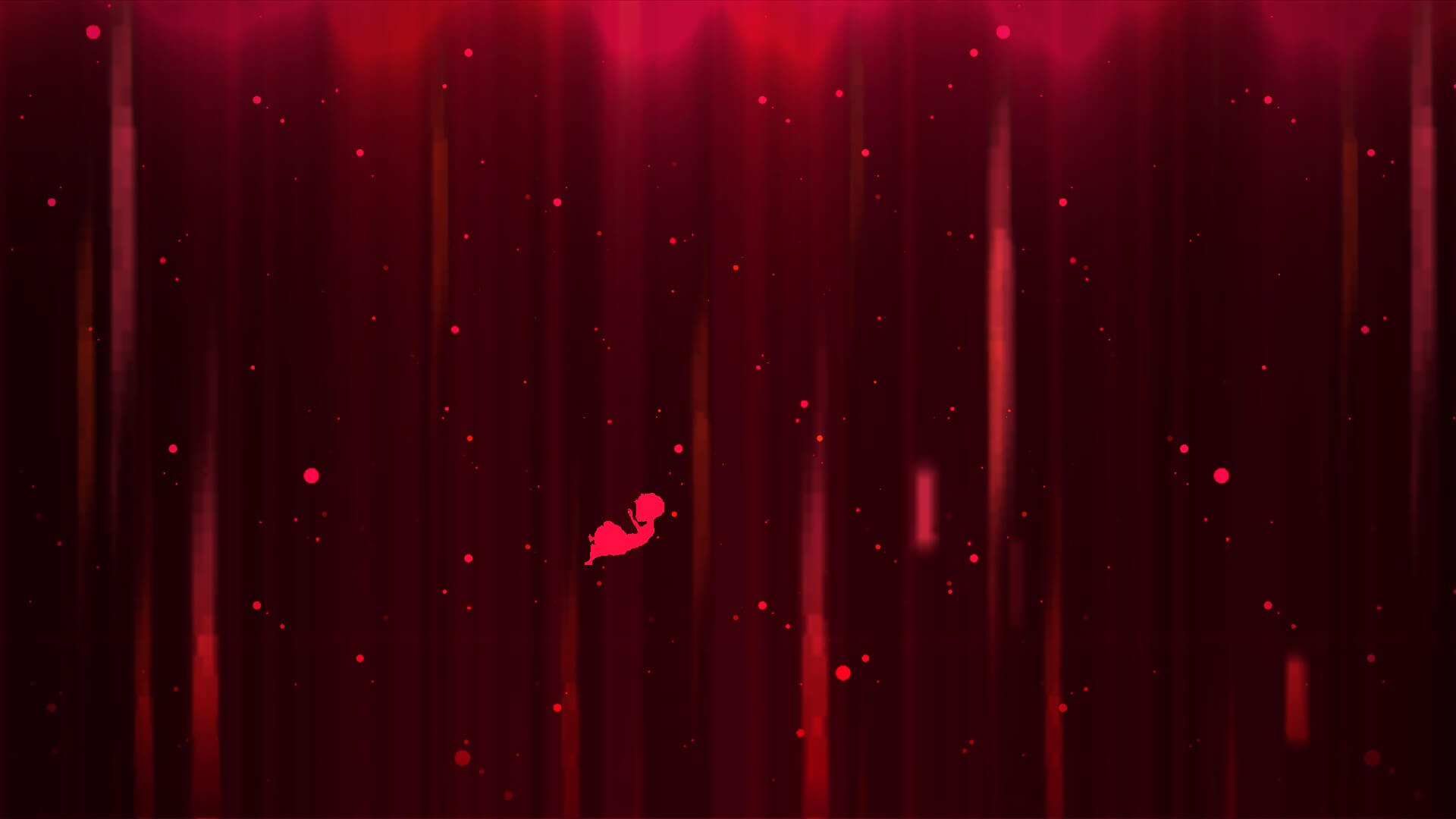 A pink silhouette of a human figure floats downward on a dark red background with vertical streaks and scattered particles.