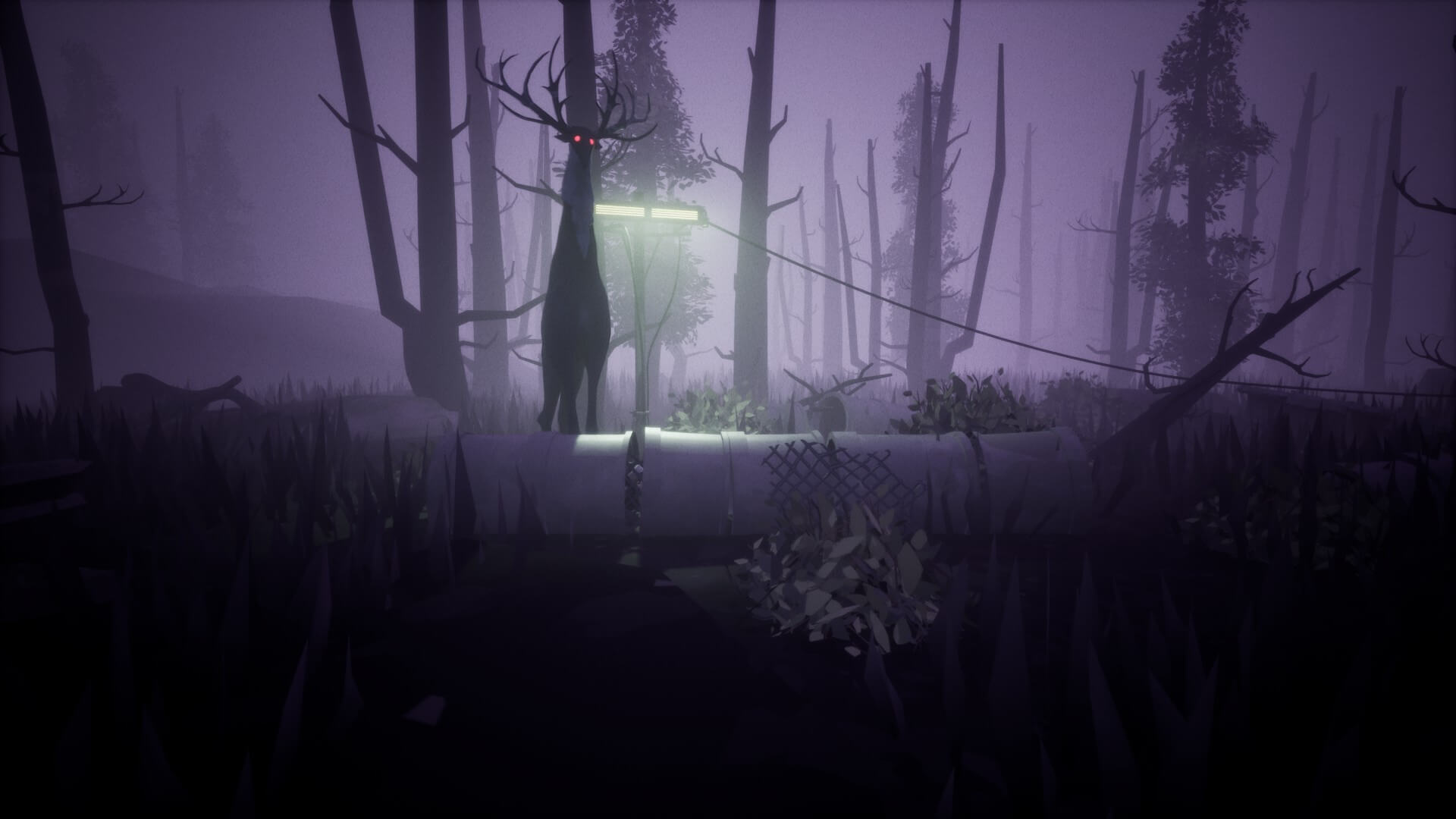 A mysterious, shadowy deer with glowing red eyes stands in a foggy forest at night. Silhouetted trees and eerie purple light create a haunting atmosphere.