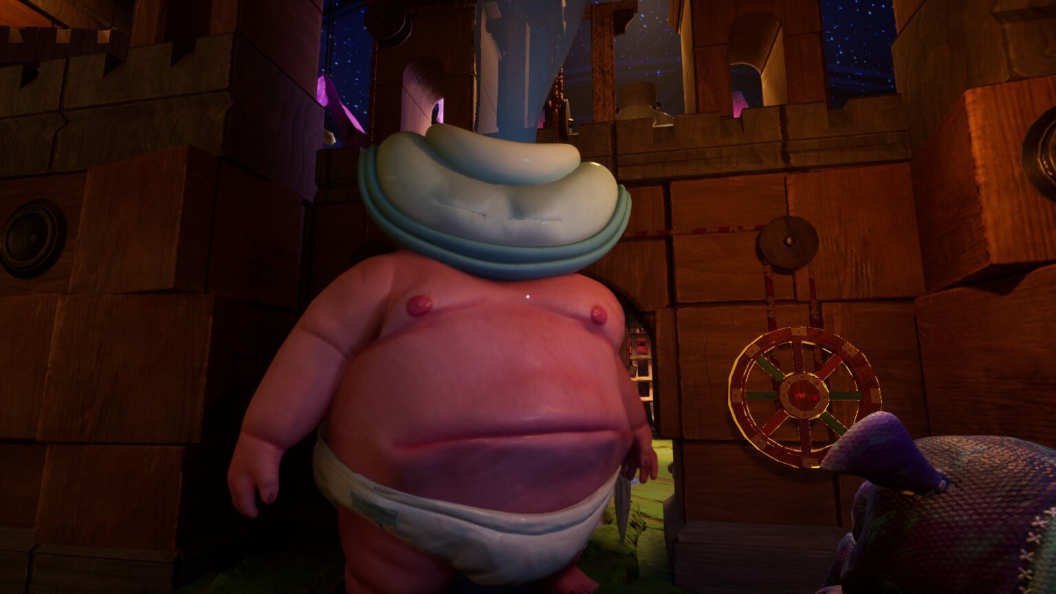 A large creature in the shape of a baby, but in place of its head, there is a pacifier. The stomach is slit to represent a mouth, with the nipples being the stomachs eyes. 
