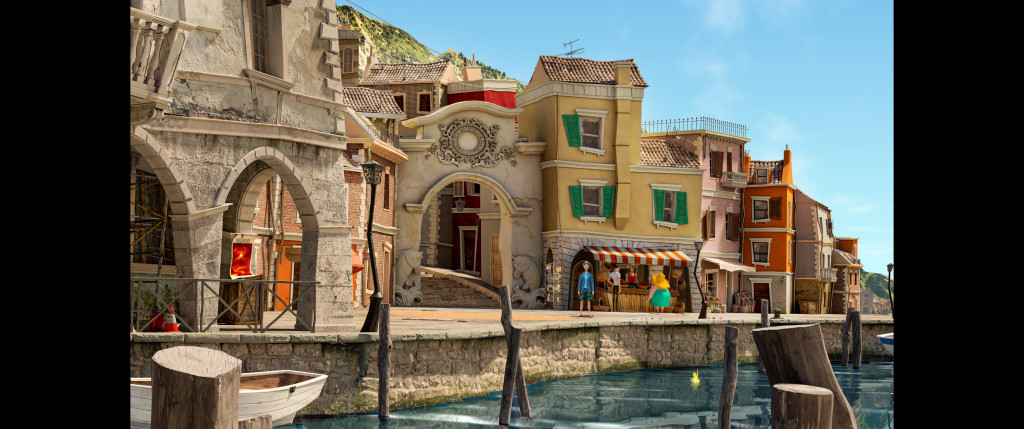 Coastal village scene with colourful buildings lining a canal. Arched stone bridge, bright facades, awnings, and calm water under a clear blue sky.