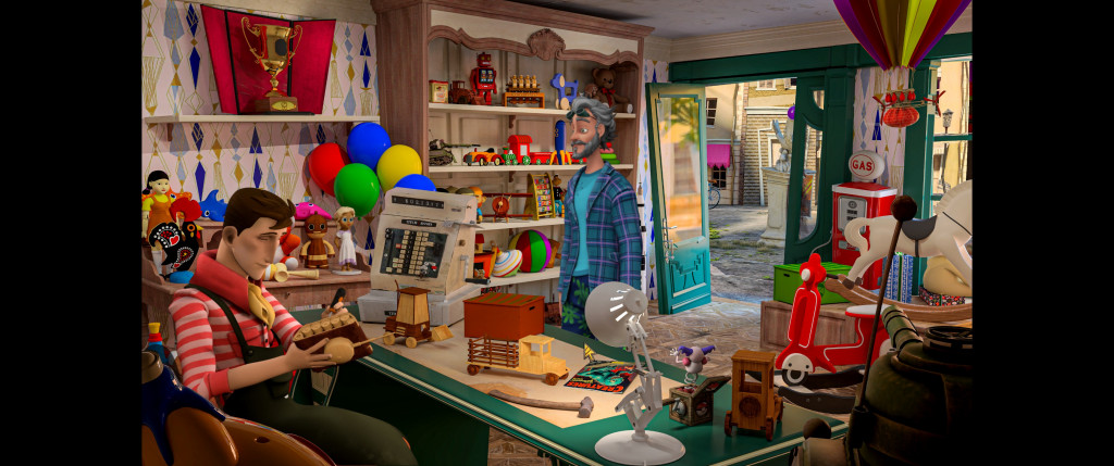 A whimsical toy shop filled with colourful toys and balloons. The owner sits behind a desk in a striped shirt, Hector is browsing, there is an open door to a sunny street outside.