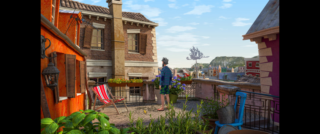 Hector stands on a sunlit rooftop terrace with plants and a striped deck chair, gazing at distant mountains. The scene conveys a relaxed, serene vibe.