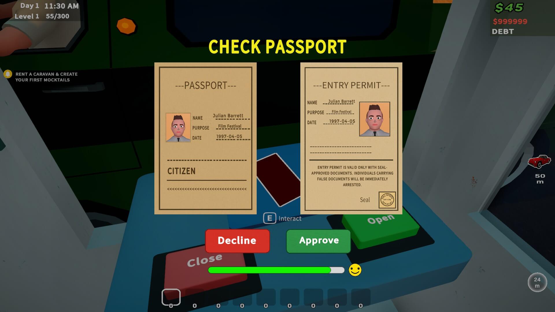 Game interface showing a passport and entry permit for a character named Julian. Information, such as name, purpose and date, match between the 2 documents. Buttons below offer options to "Decline" or "Approve" entry.