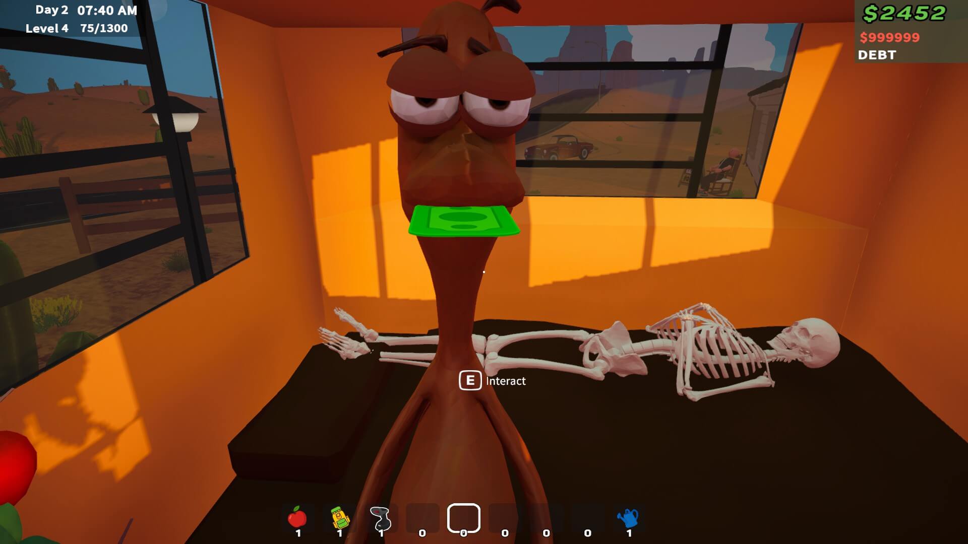 A cartoonish character with a tired expression holds a dollar bill in its mouth. Nearby, a skeleton lies on a table. The setting resembles a room with large windows, casting orange light. A game interface shows time, level, and in-game currency details.