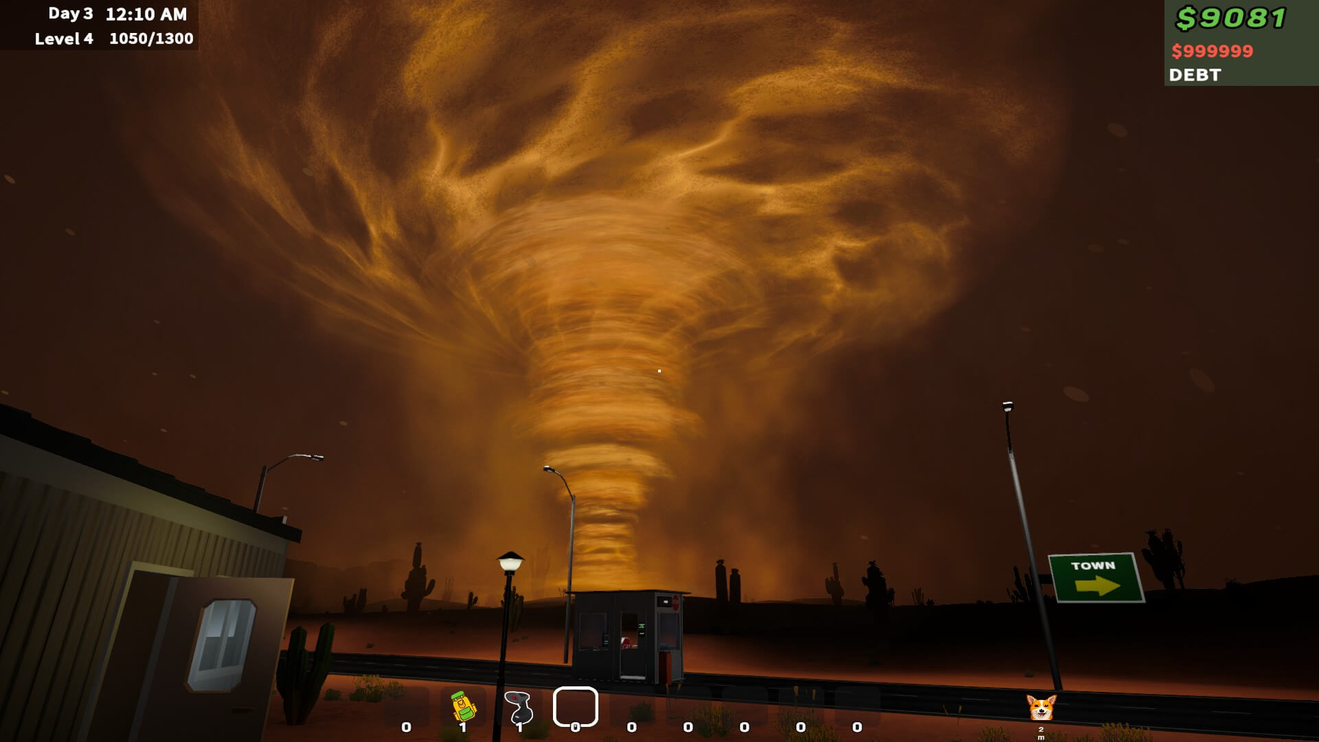 A massive, swirling tornado dominates a dark, ominous sky, surrounded by scattered streetlights and desert scenery. Game interface elements are visible.