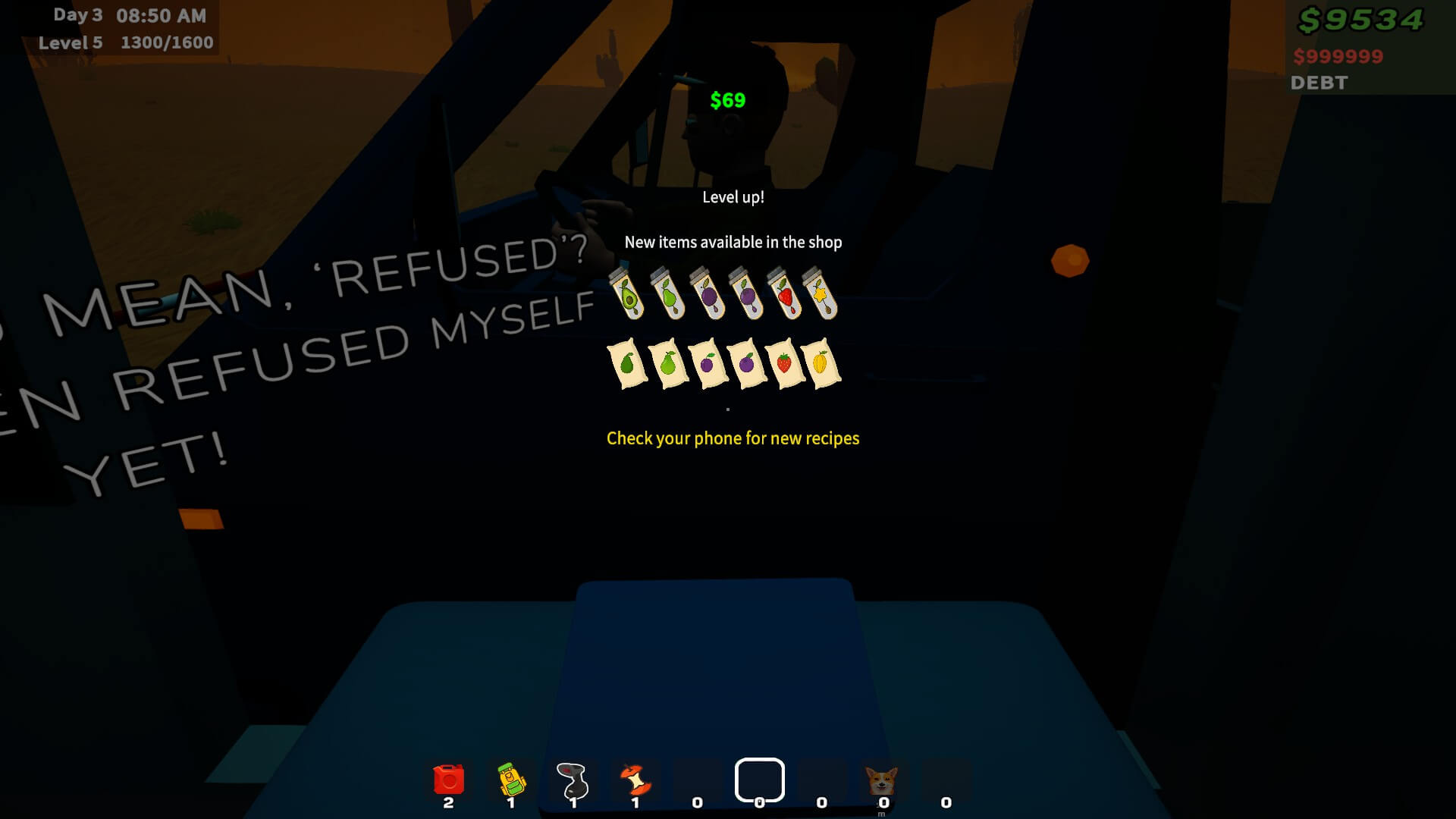 A dimly lit in-game shop interface shows various items for purchase, with a message about levelling up. The atmosphere is tense and focused.