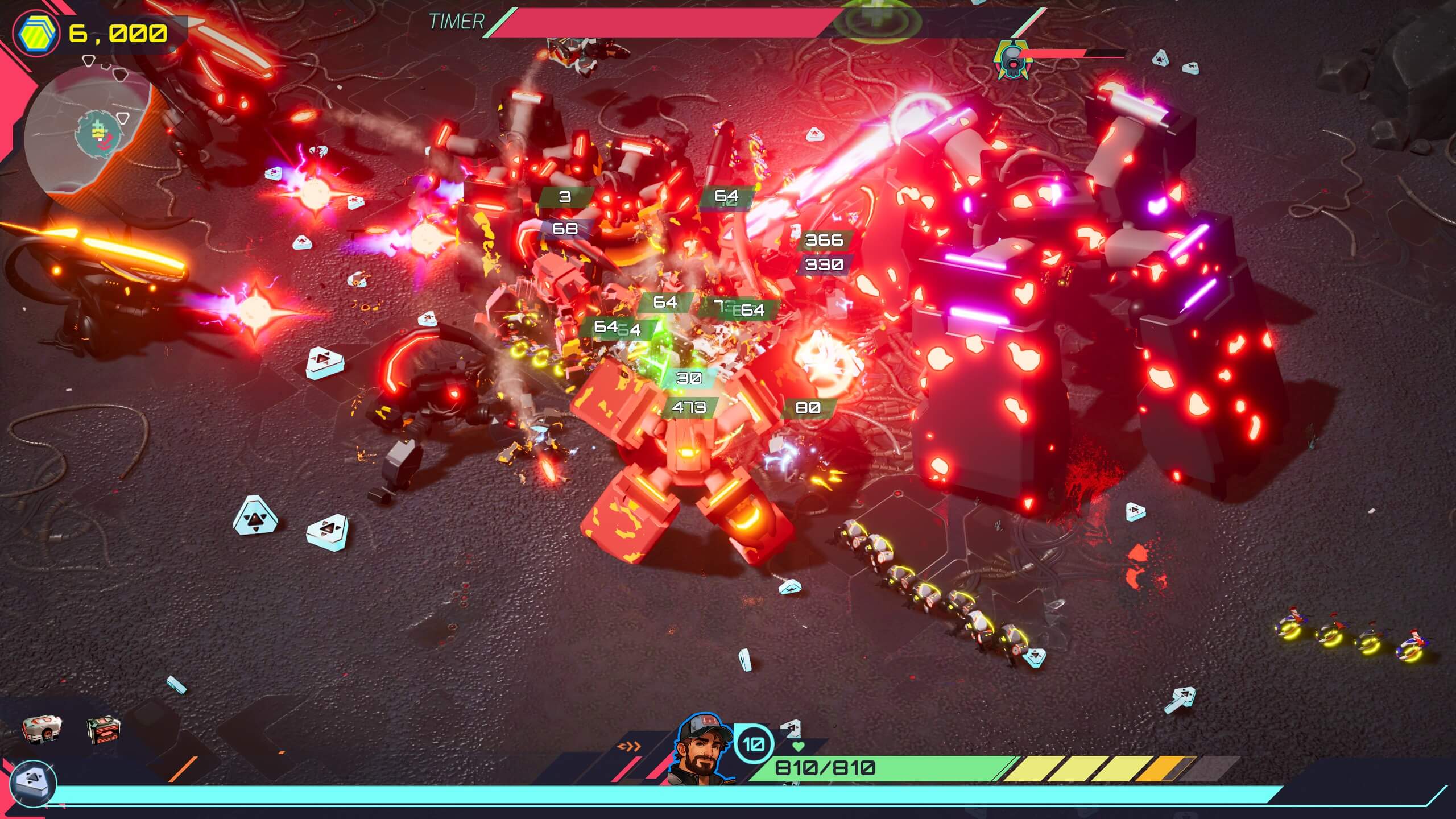 Top-down view of a futuristic battle scene featuring glowing red robots, explosions, and combat stats on a dark textured ground.