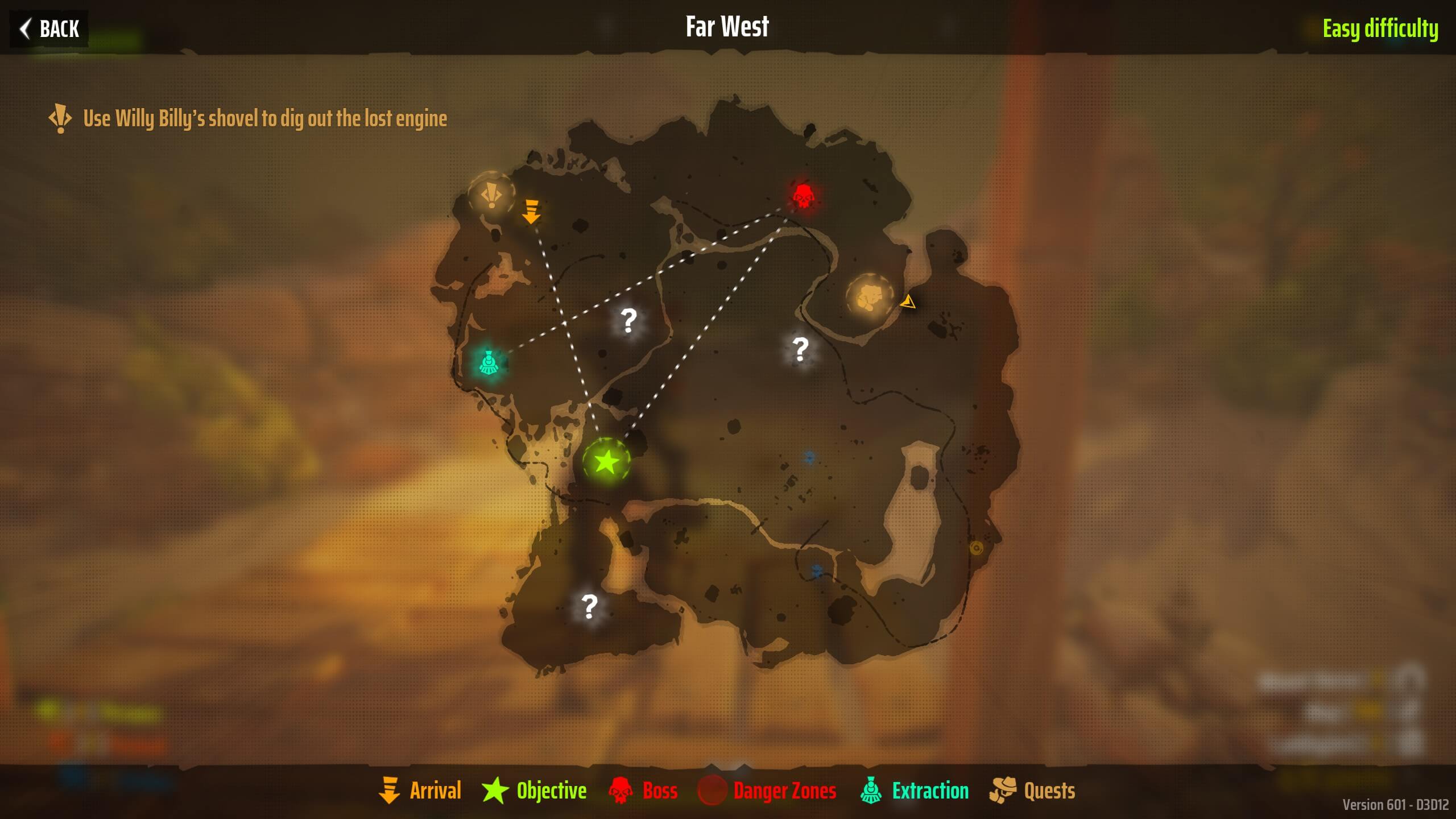 Game map of "Far West" level showing objectives, boss, danger zones, extraction, and quests with easy difficulty and mission to use shovel.