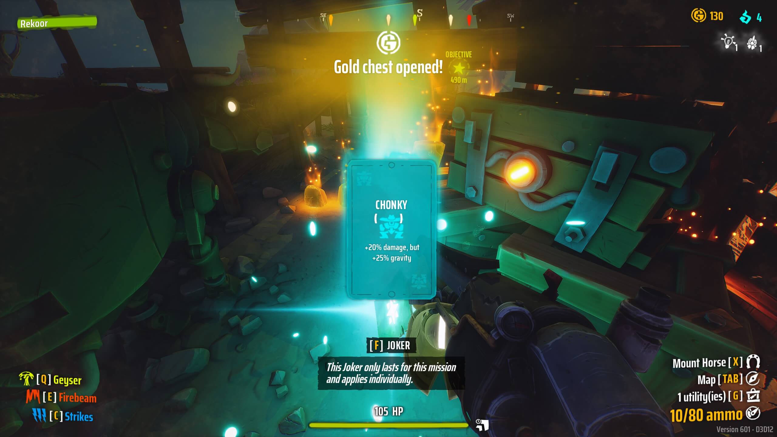 First-person view of a player opening a glowing gold chest with a card labeled "Chonky" granting damage and gravity effects.