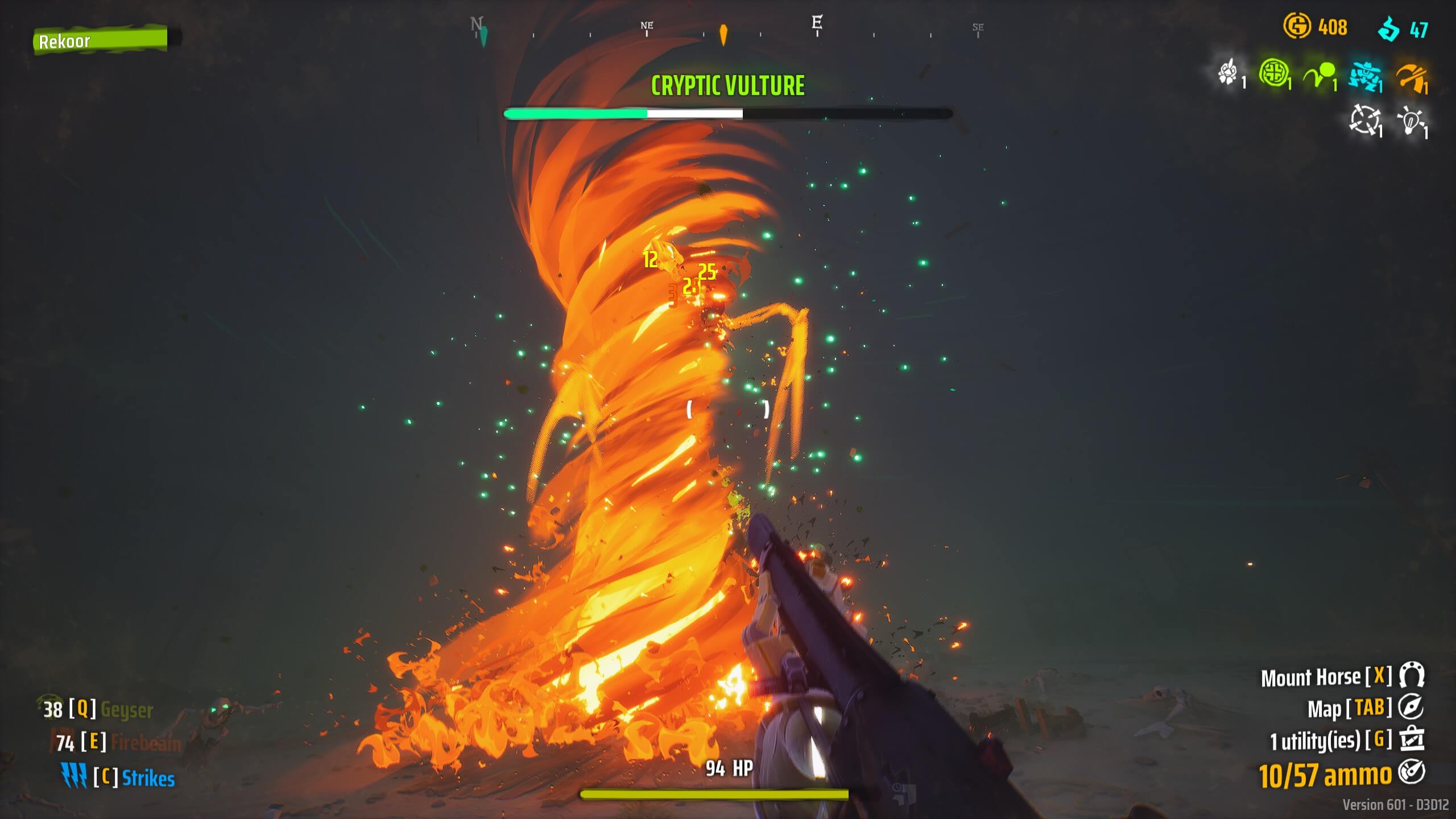 First-person shooter view aiming at a fiery tornado enemy named Cryptic Vulture with health bar and ammo HUD visible.