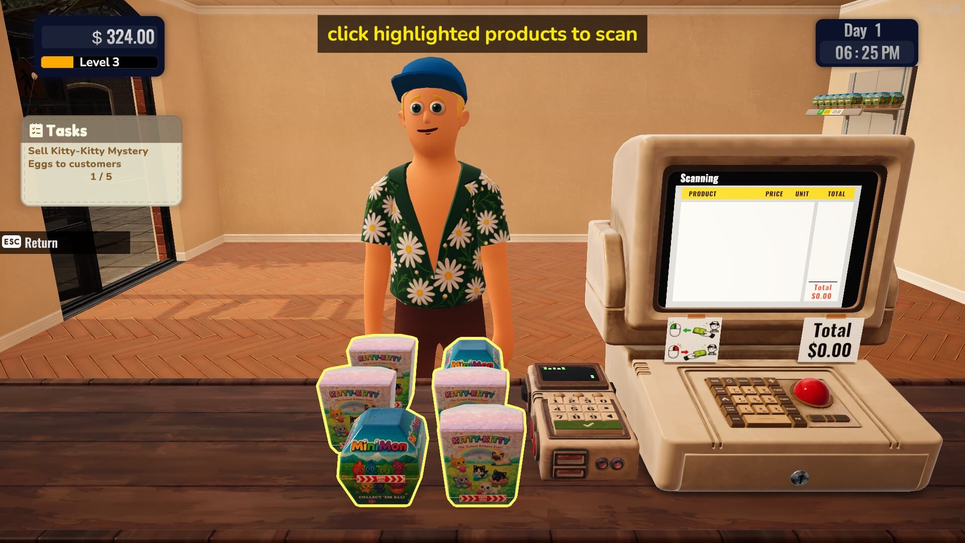A person in a tropical shirt stands behind a counter with product boxes and a retro cash register. Game UI displays tasks and balance. Playful, task-oriented scene. There is yellow font at the top of the screen saying "click highlighted products to scan" relating to the product boxes with yellow outlines on the counter in front of the player.