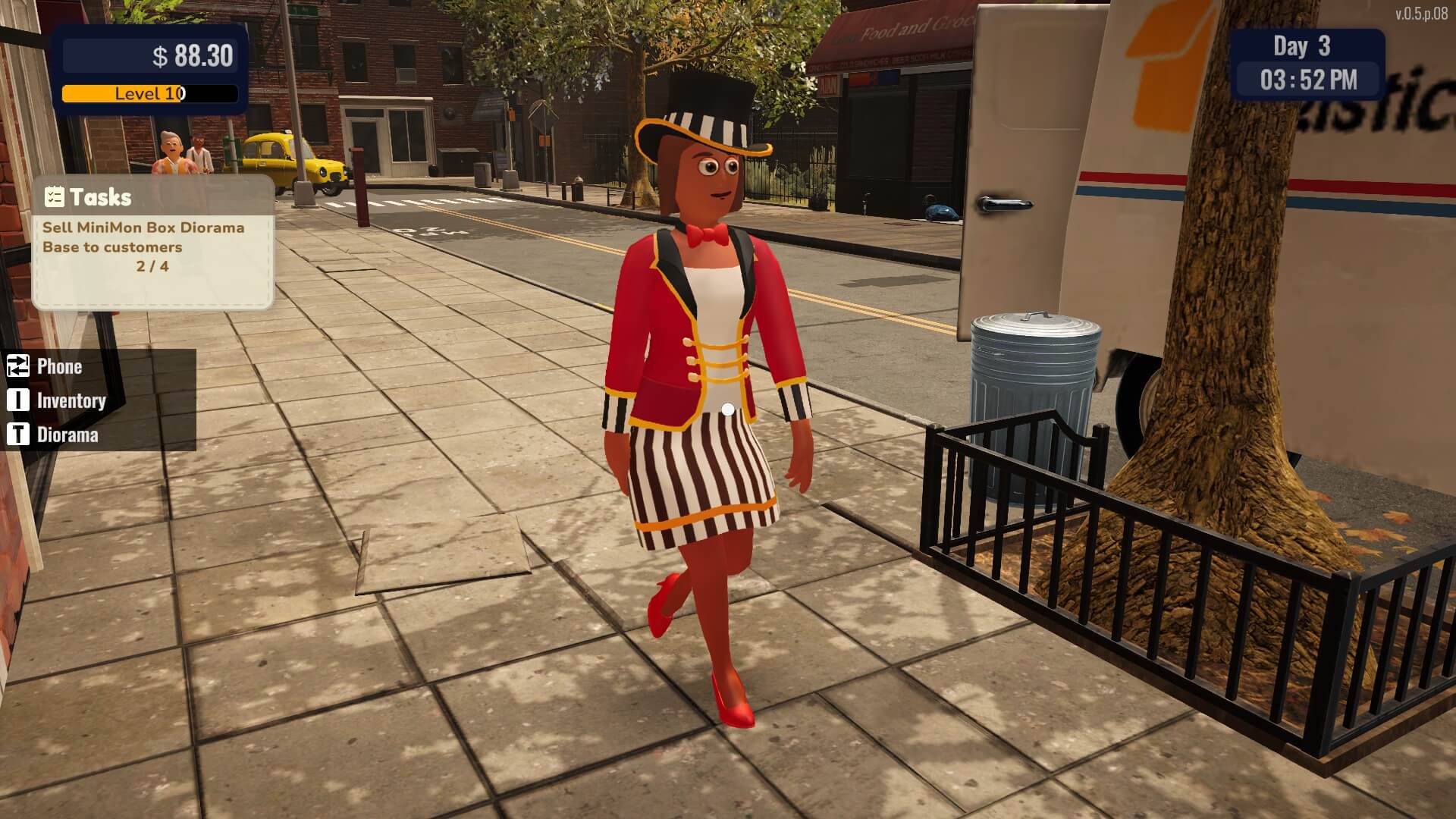 A cartoonish character wearing a red and white striped outfit and top hat walks down a city sidewalk. The setting is daytime with buildings and a tree. Text overlays display tasks and inventory status, creating a playful and quirky atmosphere.