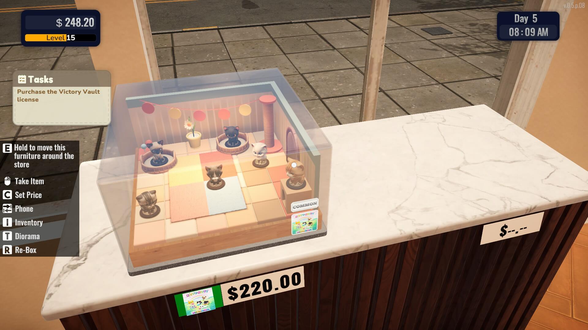A virtual storefront displays a $220 diorama with figurines in a case on a marble counter. The background shows a street view. Tasks and controls are listed on the left.