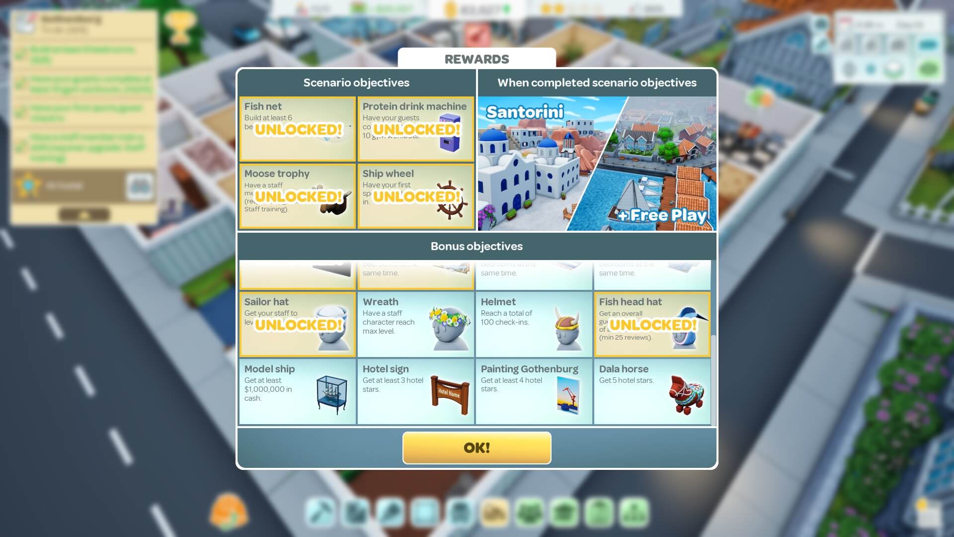 A list of objectives for the player to unlock with the lower half showing bonus tasks. Some are in yellow with the work "unlocked" 