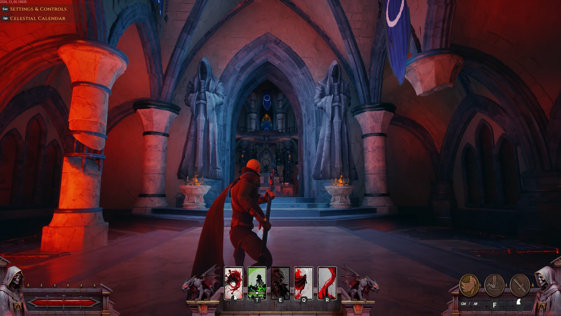 The player character stood battle ready before a large doorway. The doorway has two statues of hooded figures on either side, with two braziers below them. The UI in the middle consists of five tarot cards with different designs with one being green and the other red, a one of these cards are darkened.
