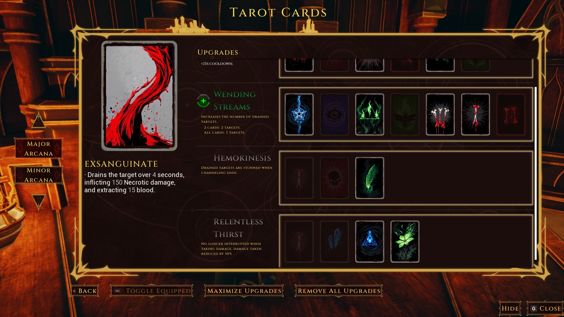A large menu that displays one of the skills upgrading screen. There are various other cards shown that will be used to improve specific skills with text explaining what they will do.
