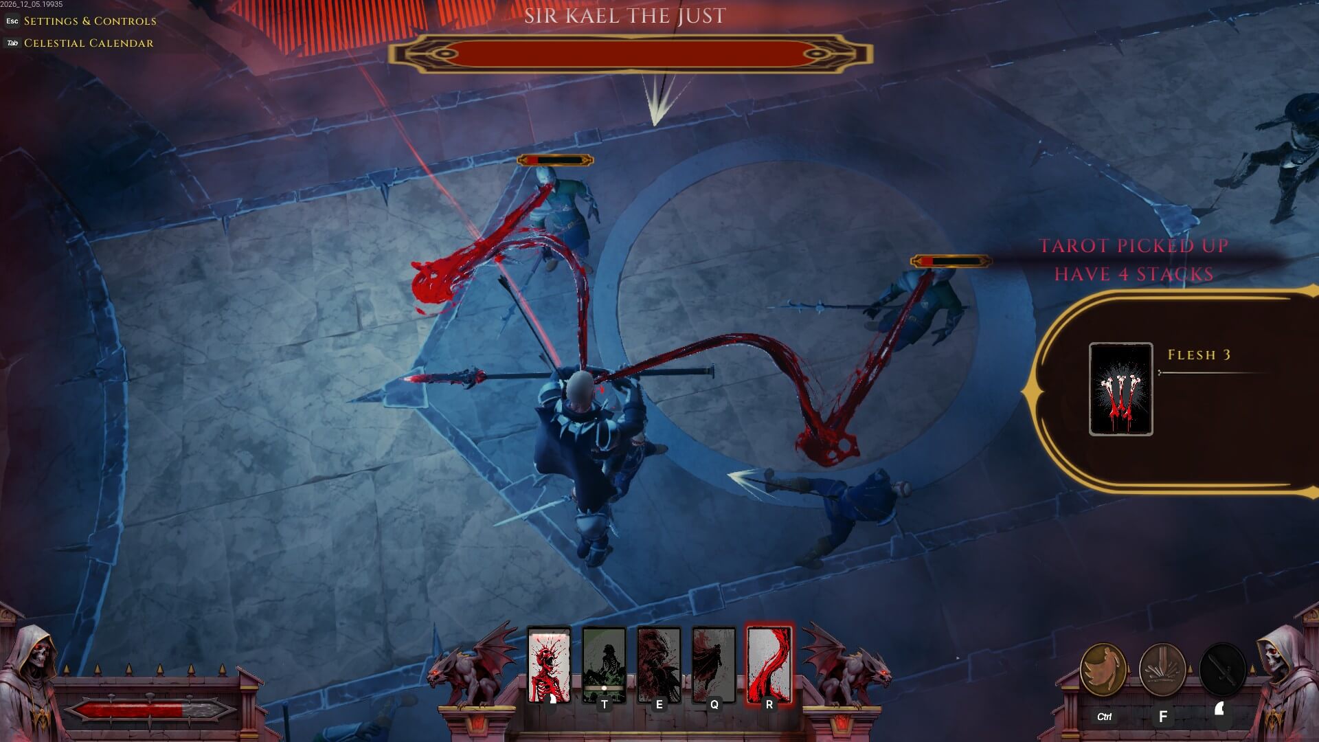 The character is using a skill to drain blood from two men. Bottom of the screen shows 5 tarot cards with different designs.