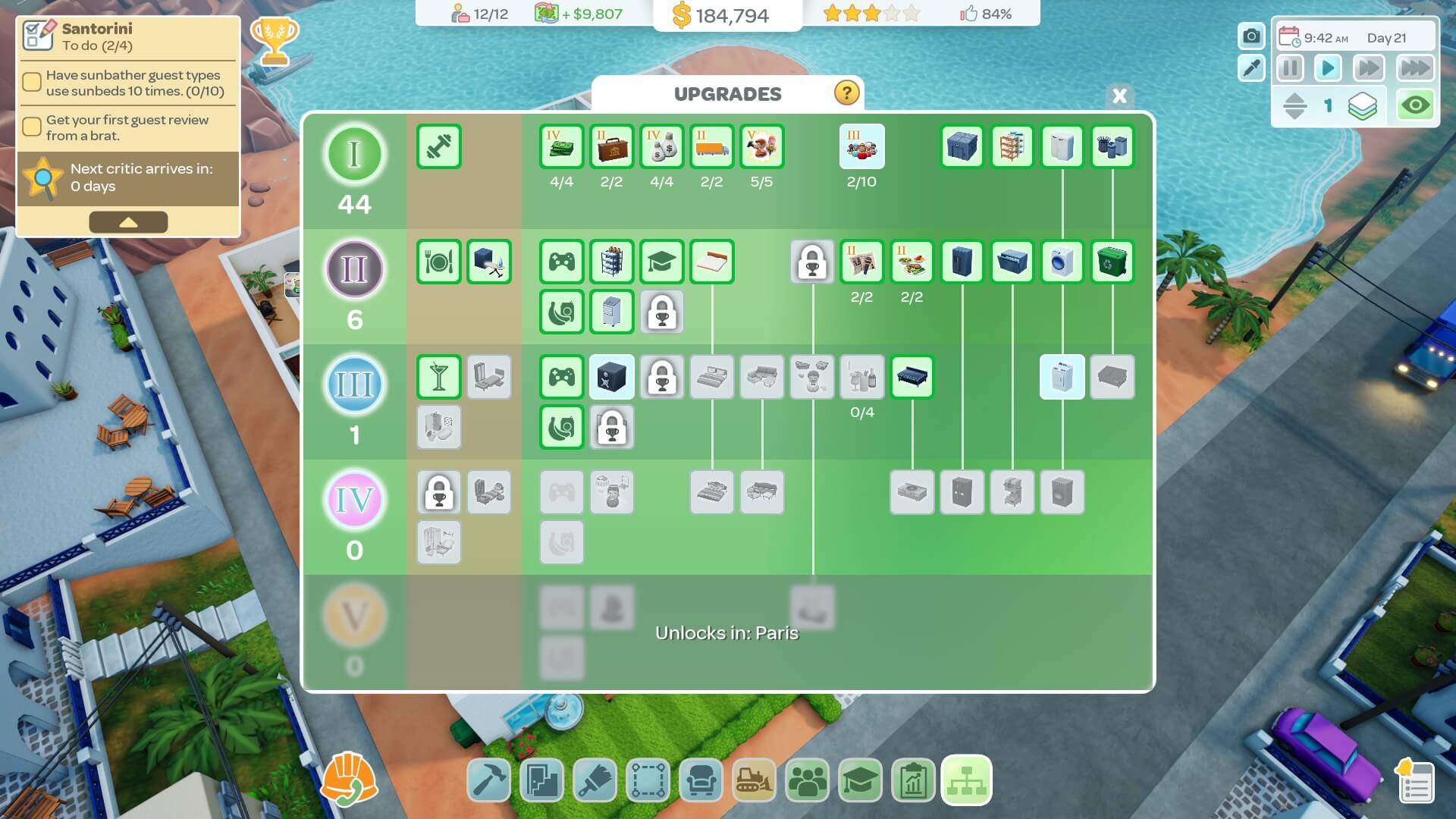 A board with various levels of upgrades for the player to unlock. Some of them branch downwards into another upgrade. A couple of these are green showing that they have been claimed. 