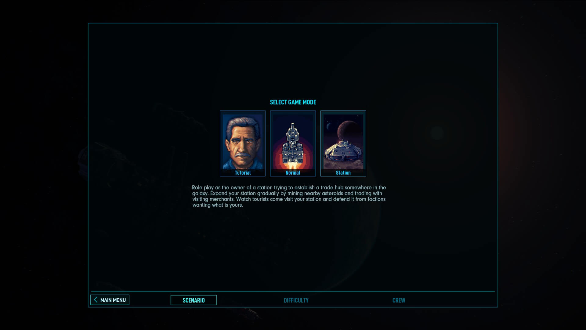 Three images for each of the modes the player can select from. One is a man's face, one is a spaceship, and the last is a space station hovering over an asteroid. Below is a long description of the currently highlighted mode.