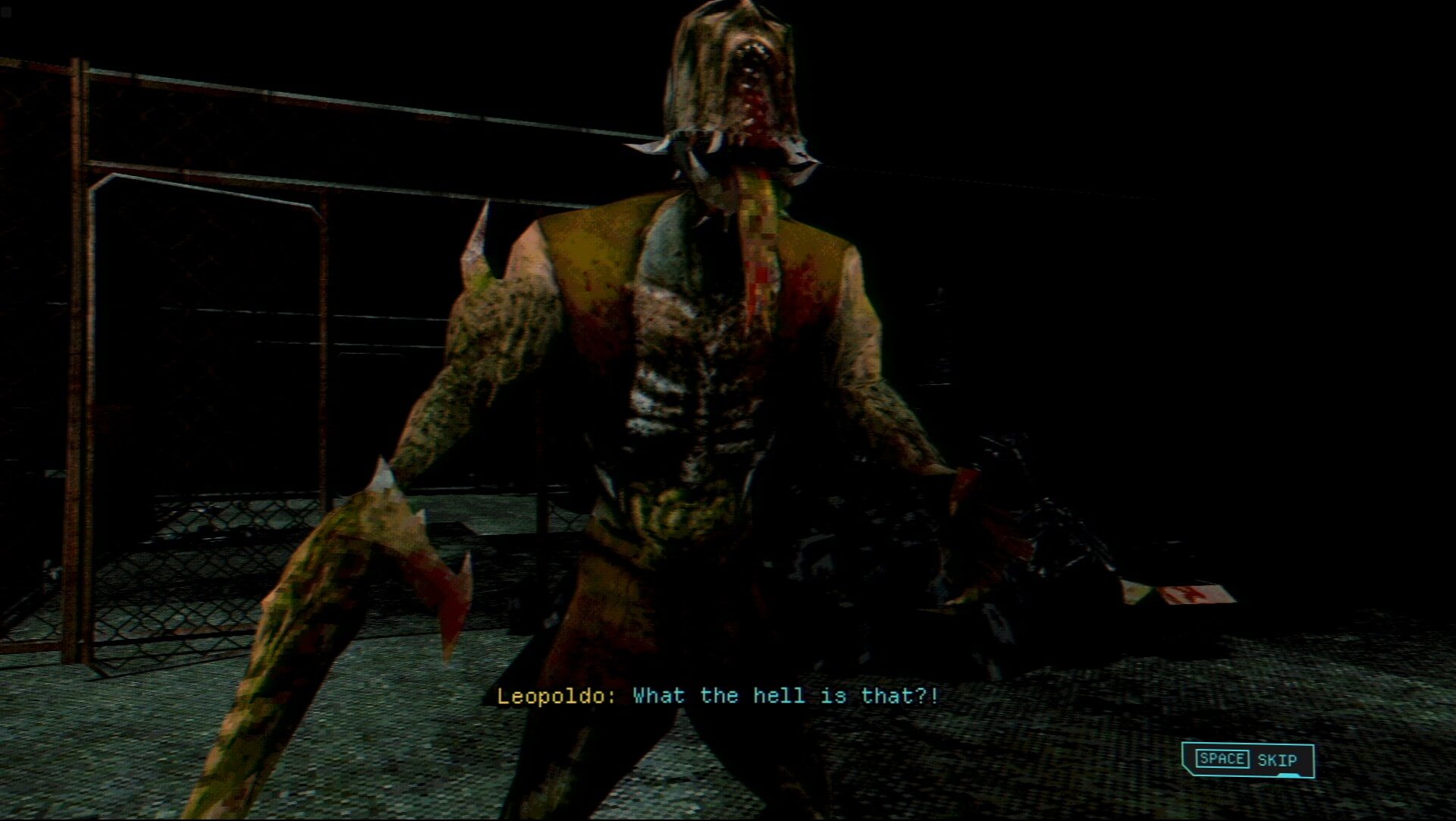 A humanoid with jagged spike coming out of its biceps and mouth is torn open. There is a text below from the character Leopoldo saying "What the hell is that"