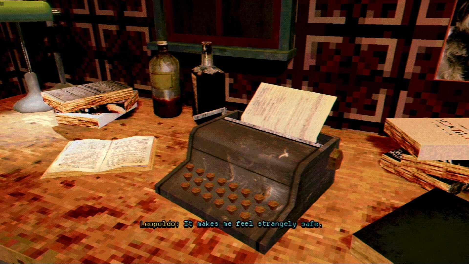 A table with a typewriter on it. There is some text saying "it makes me feel strangely safe"