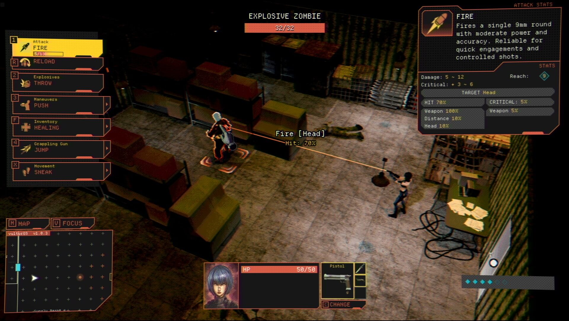 The player, is aiming at the back of an enemy ahead to of them to the left. A line indicates the actual aiming, which show they are focusing on the head. The left side of the screen shows some of the actions the player is able to do. 