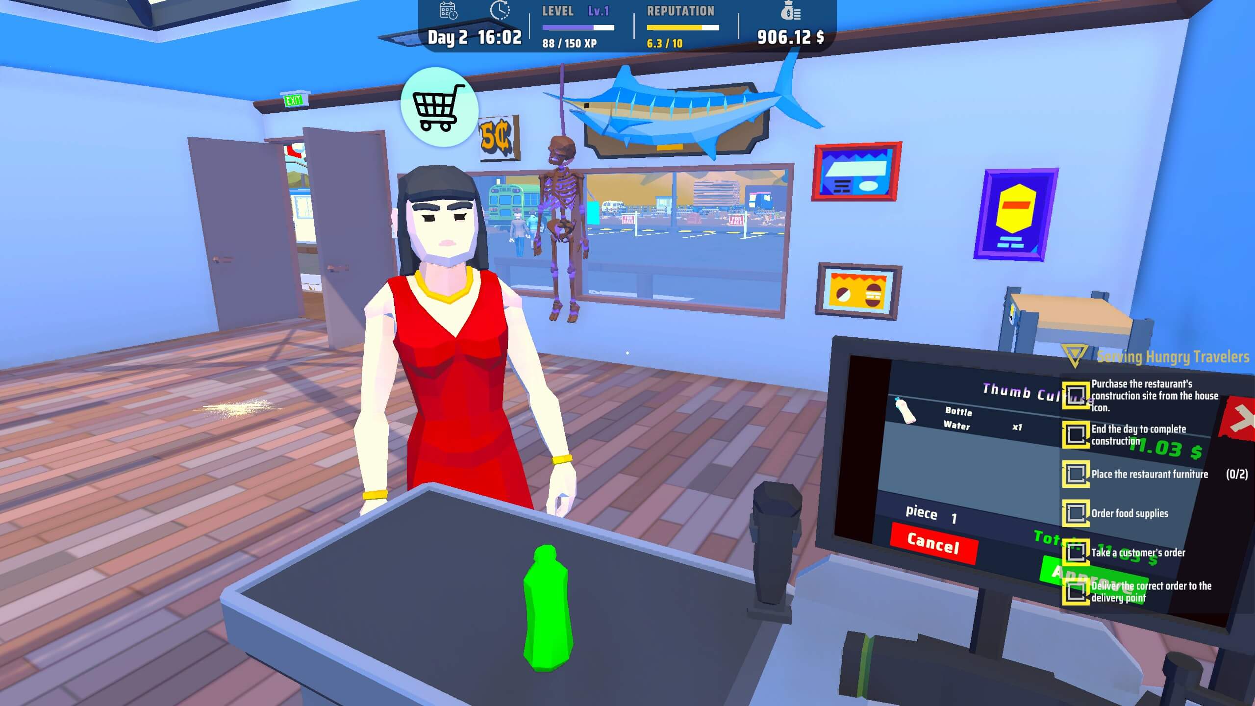The inside of the store seen from the cash register. A person in a red dress is buying a water bottle.