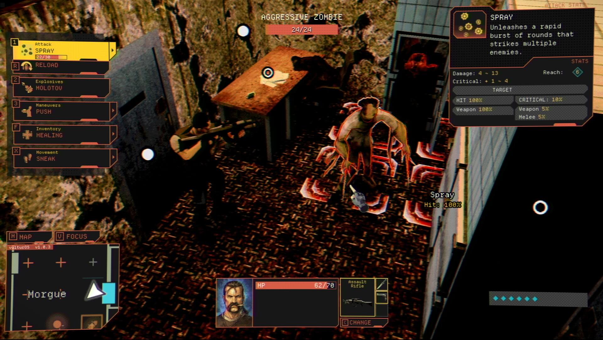 The character Leopoldo, is aiming his assault rifle at point-blank range at a zombie. 