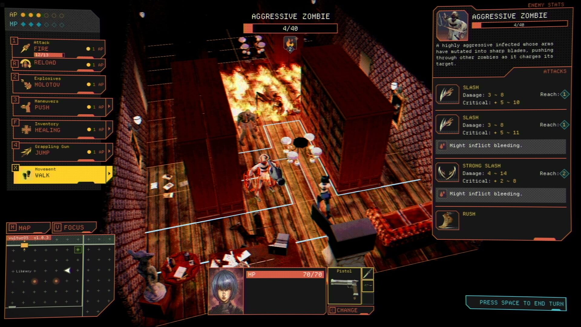 Combat in a library that is on fire and there is a zombie close to the character Amber. 