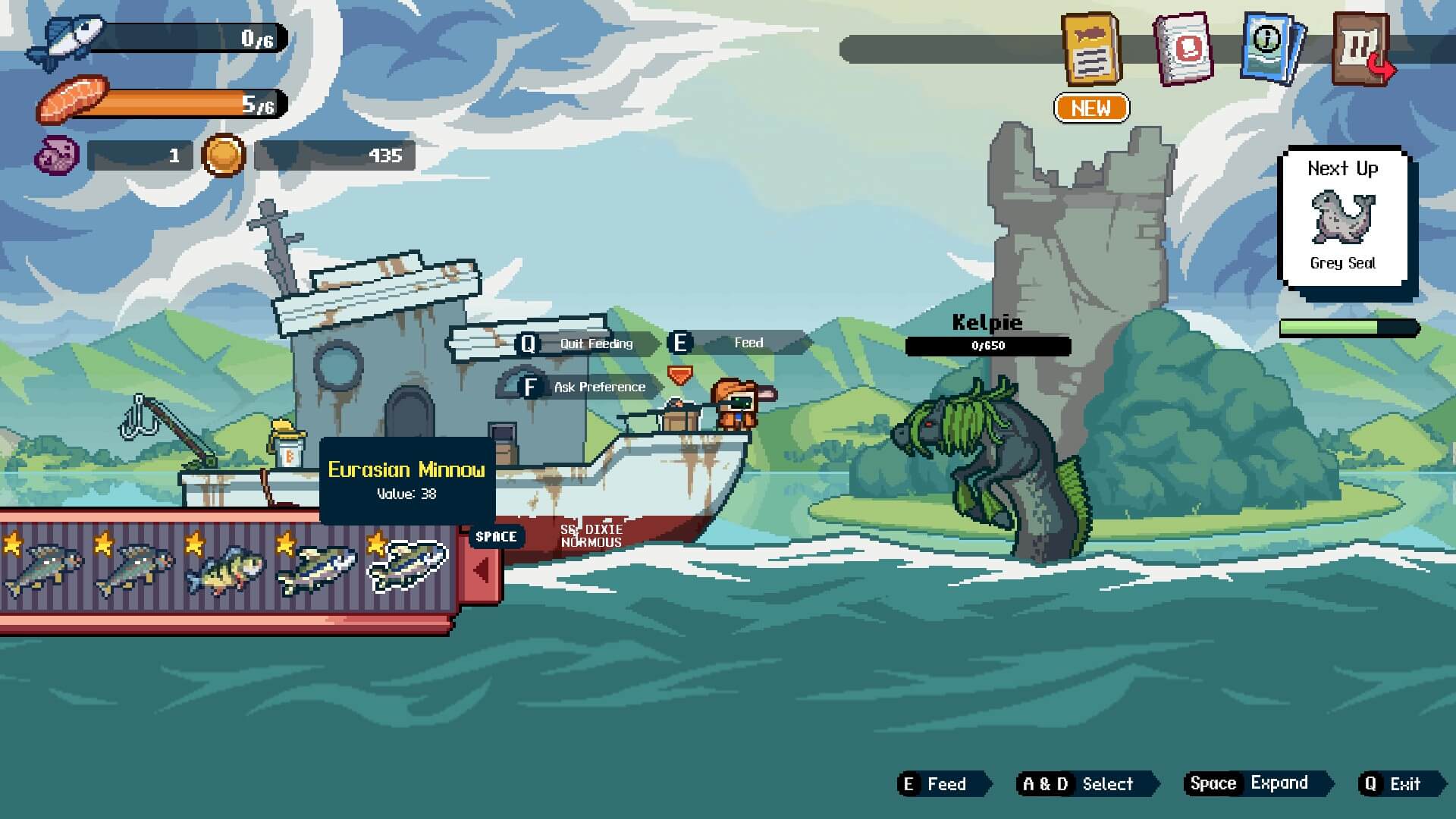 A run-down boat is floating next to a legendary kelpie - a monstrous fish-horse hybrid. The main of the kelpie is made of seaweed and is green. There is a conveyor belt of fish for the player to serve.
