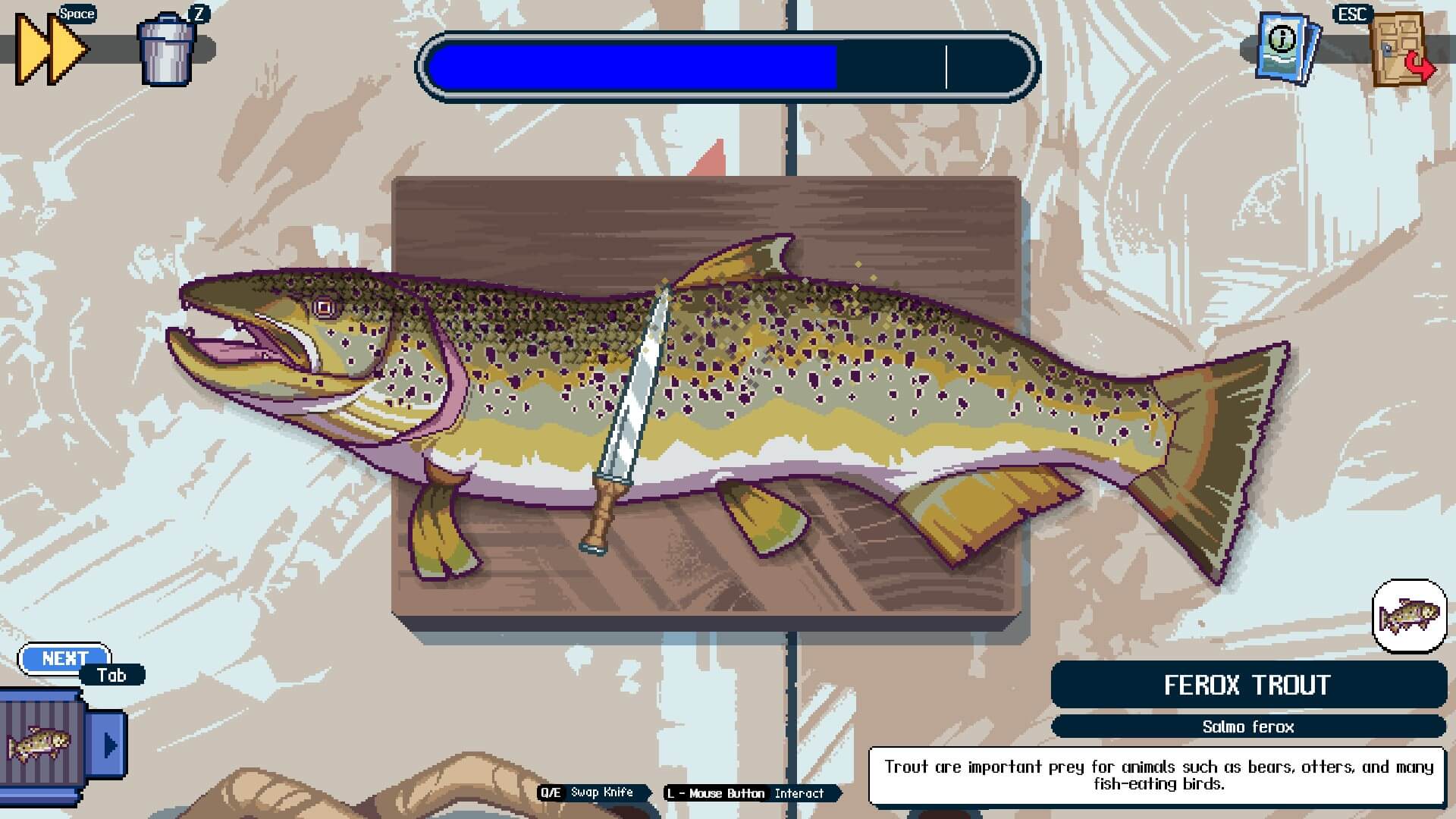 A large fish, called a ferox trout, is on a cutting board with a sword just above the middle of it. There is a blue bar that shows how much of the fish is descaled.