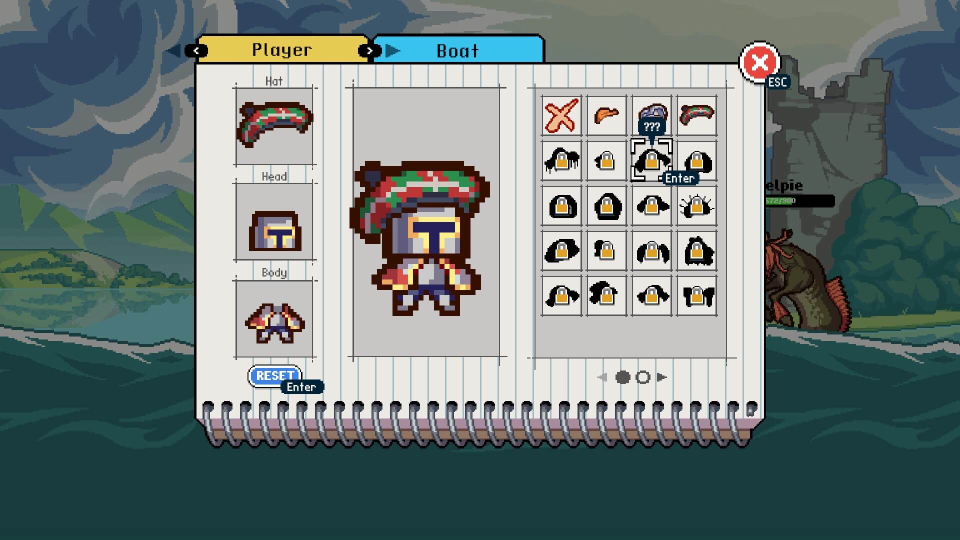 a screen showing the customisation options for the robot. Right now he is wearing a hat with green and red tartan patterns. The torso and legs are from a suit of amour. The right also displays more options, with most being locked.