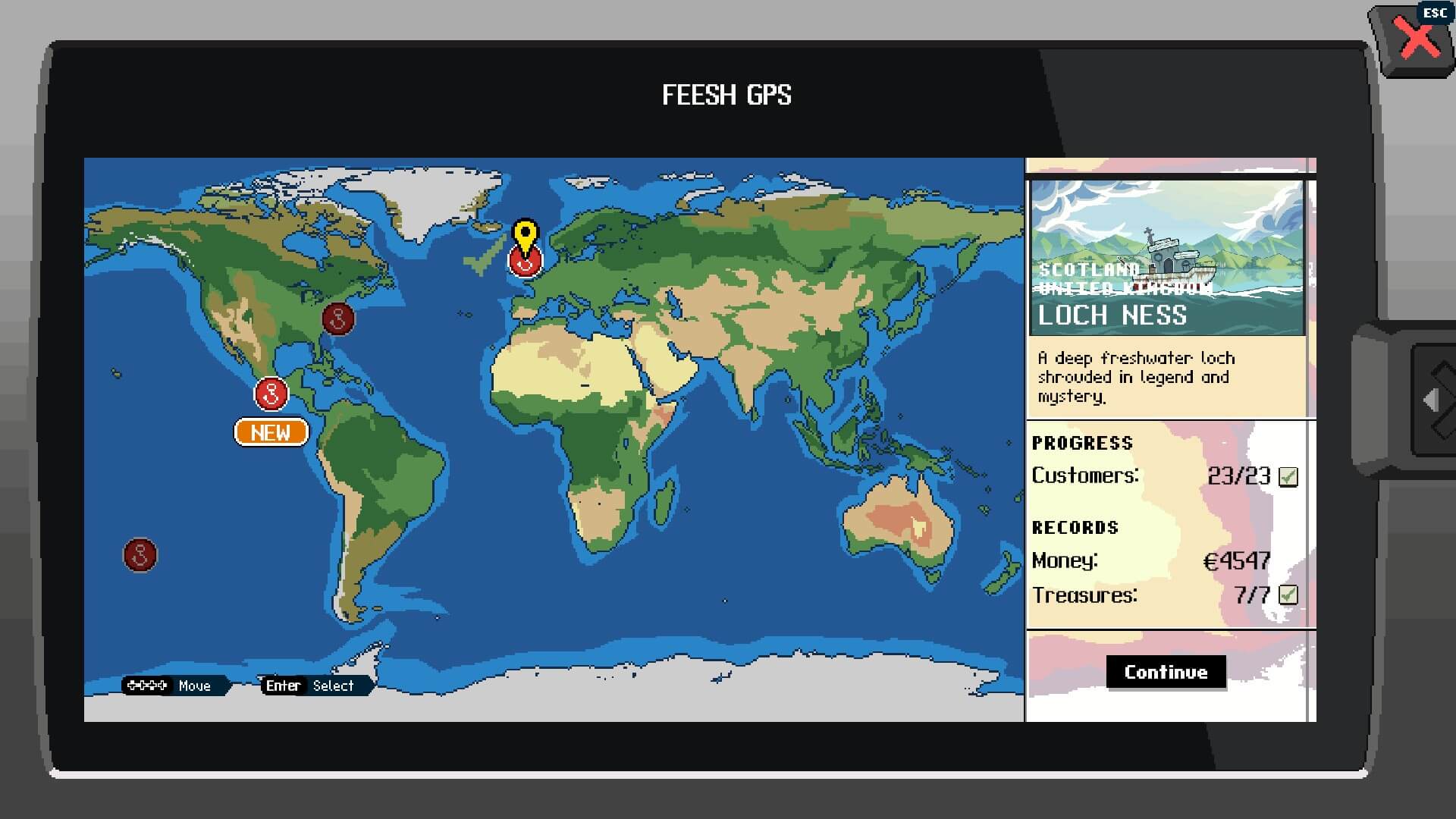 A map of the world with various colours showing enviroment. There are also 4 red dots with white anchors showing ports. One has a yellow icon, to show where the player is, and another has an orange box saying new.