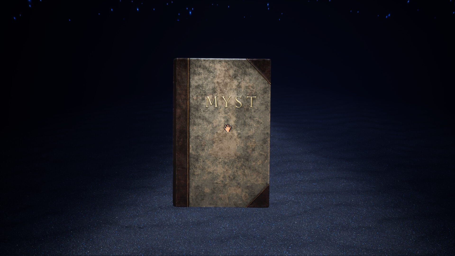 An old book with brown spine, and two brown corner pieces on the right. The middle text serves as the title of the book in a gold font. It says the word Myst.