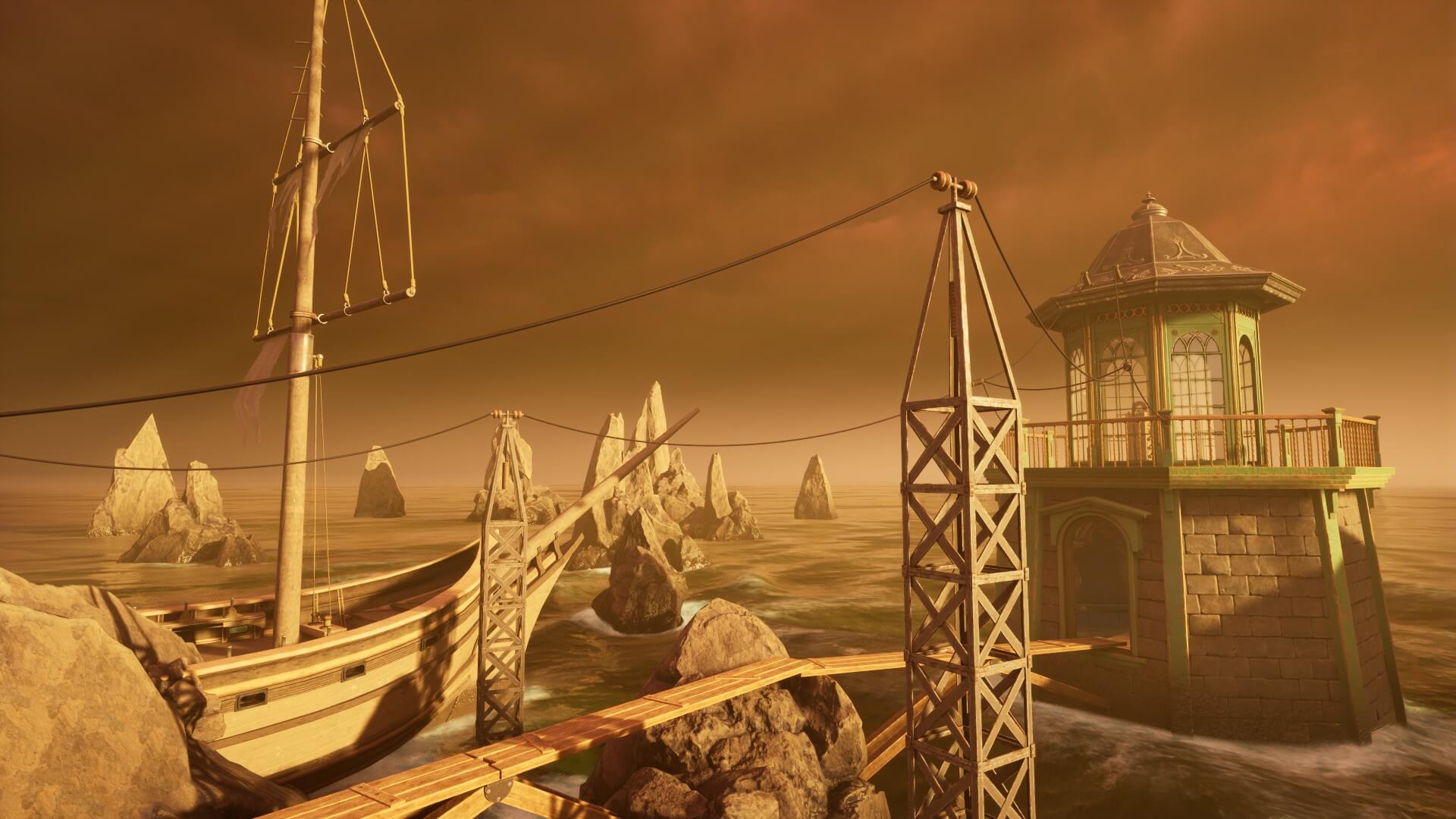 A view from land out to sea. A lighthouse, ship, and pylon are visible. Below are a few planks that form a walk-way to the lighthouse.
