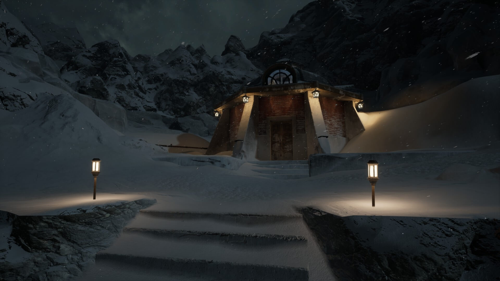 A hut in a winter storm with lanterns around the pillars. Two smaller light sources are seen just by some snow covered steps.
