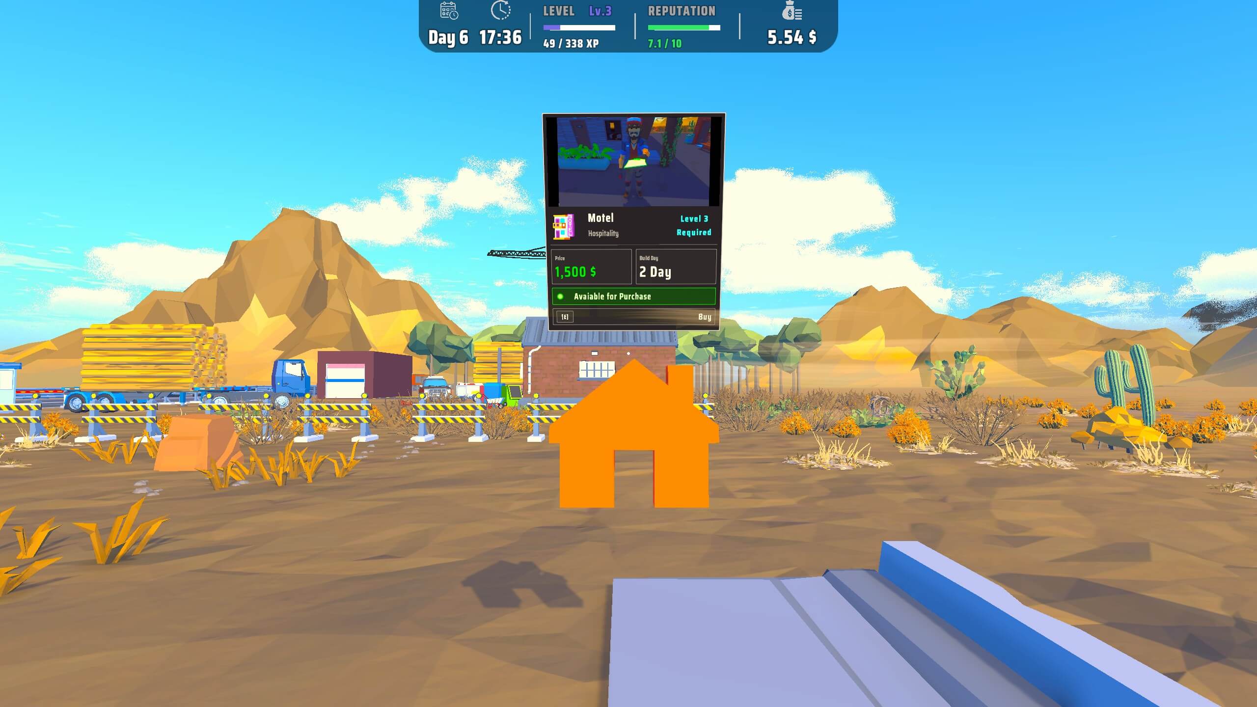 A desert background. A floating, orange house icon is being interacted with. The pop up asks if the player wants to purchase the motel.