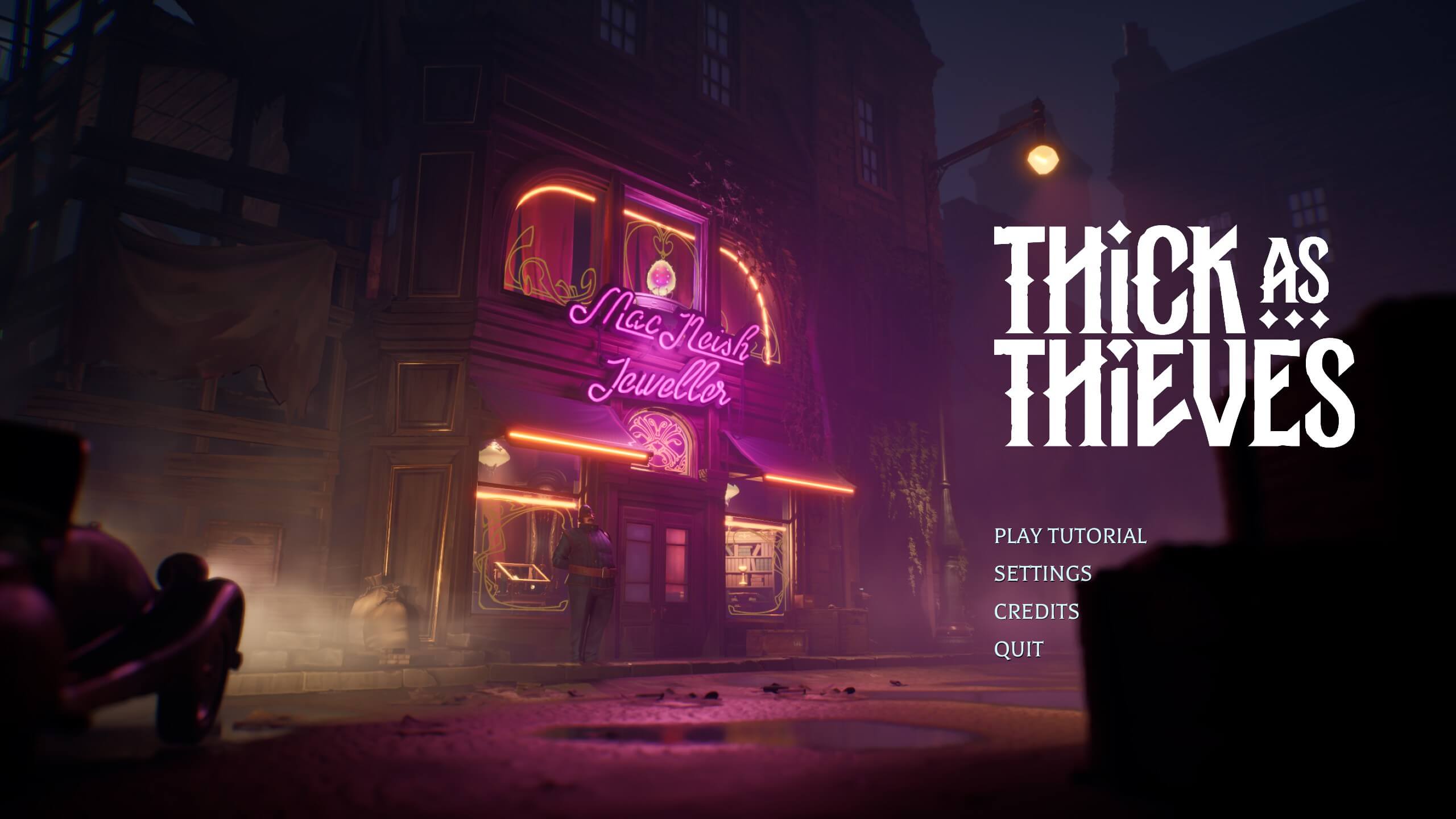 Thick As Thieves title screen with a guard in fromt of a jewlery shop.