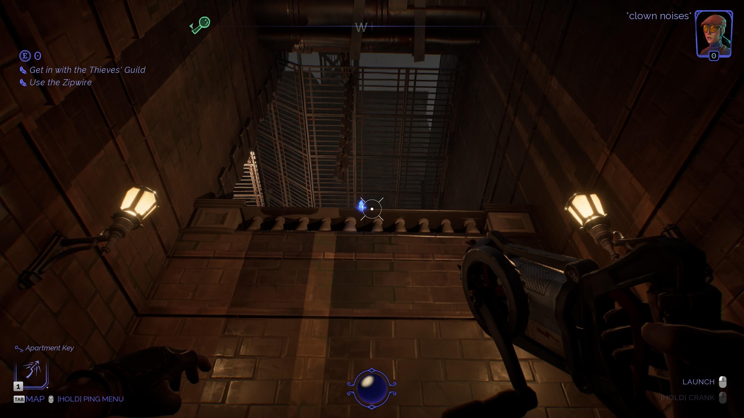A thief prepares to shoot a grappling hook to a roof.