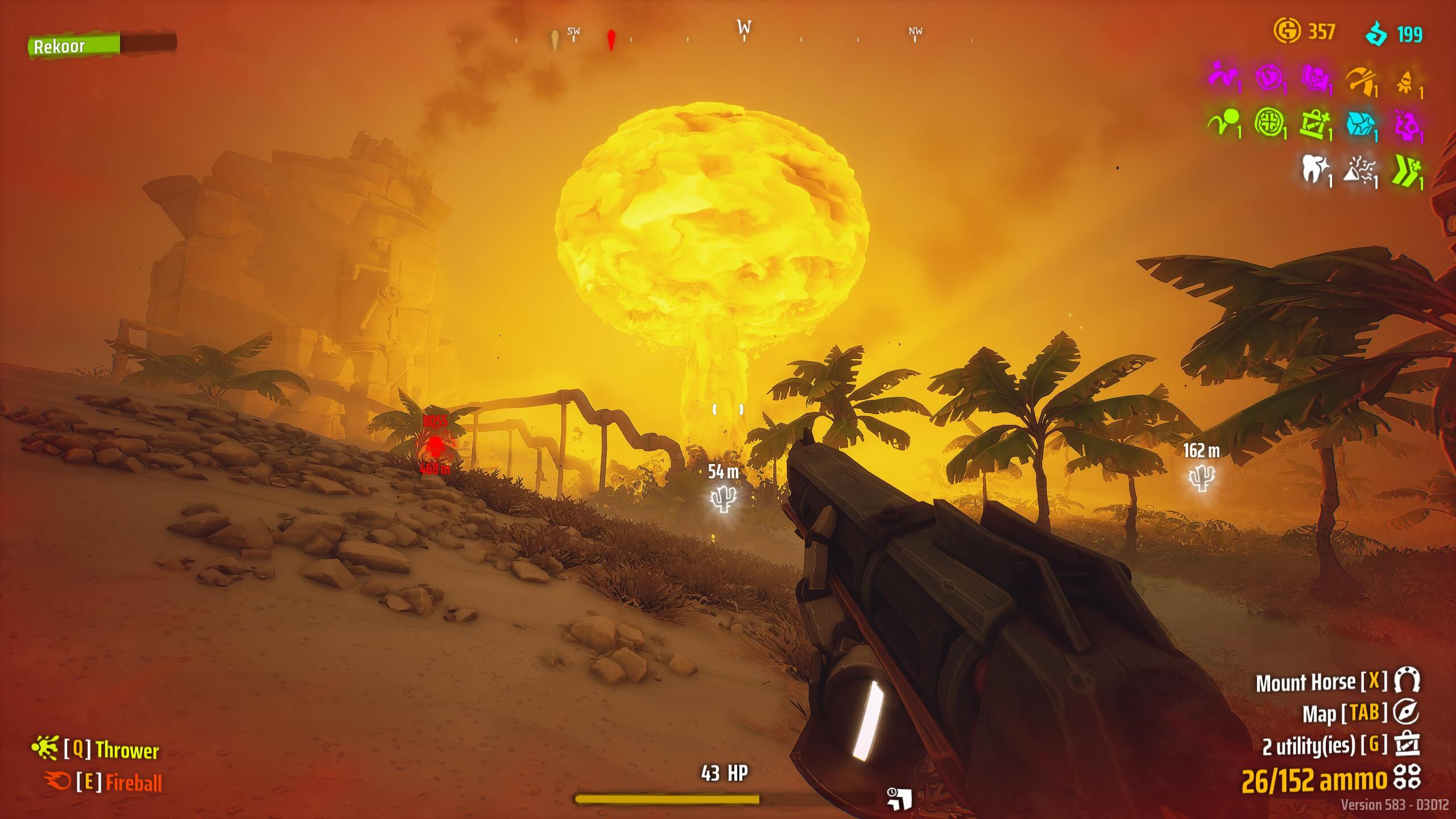First-person shooter game scene showing a large mushroom cloud explosion over a desert landscape with palm trees and a weapon in hand.
