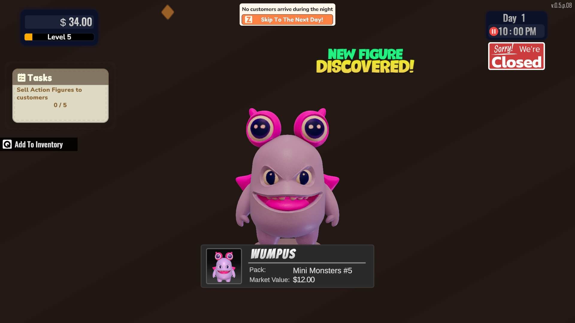 Image of a video game screen displaying a newly discovered figure named "Wumpus," a pink mini monster with big eyes. Price is $12. Game status shows "Closed."