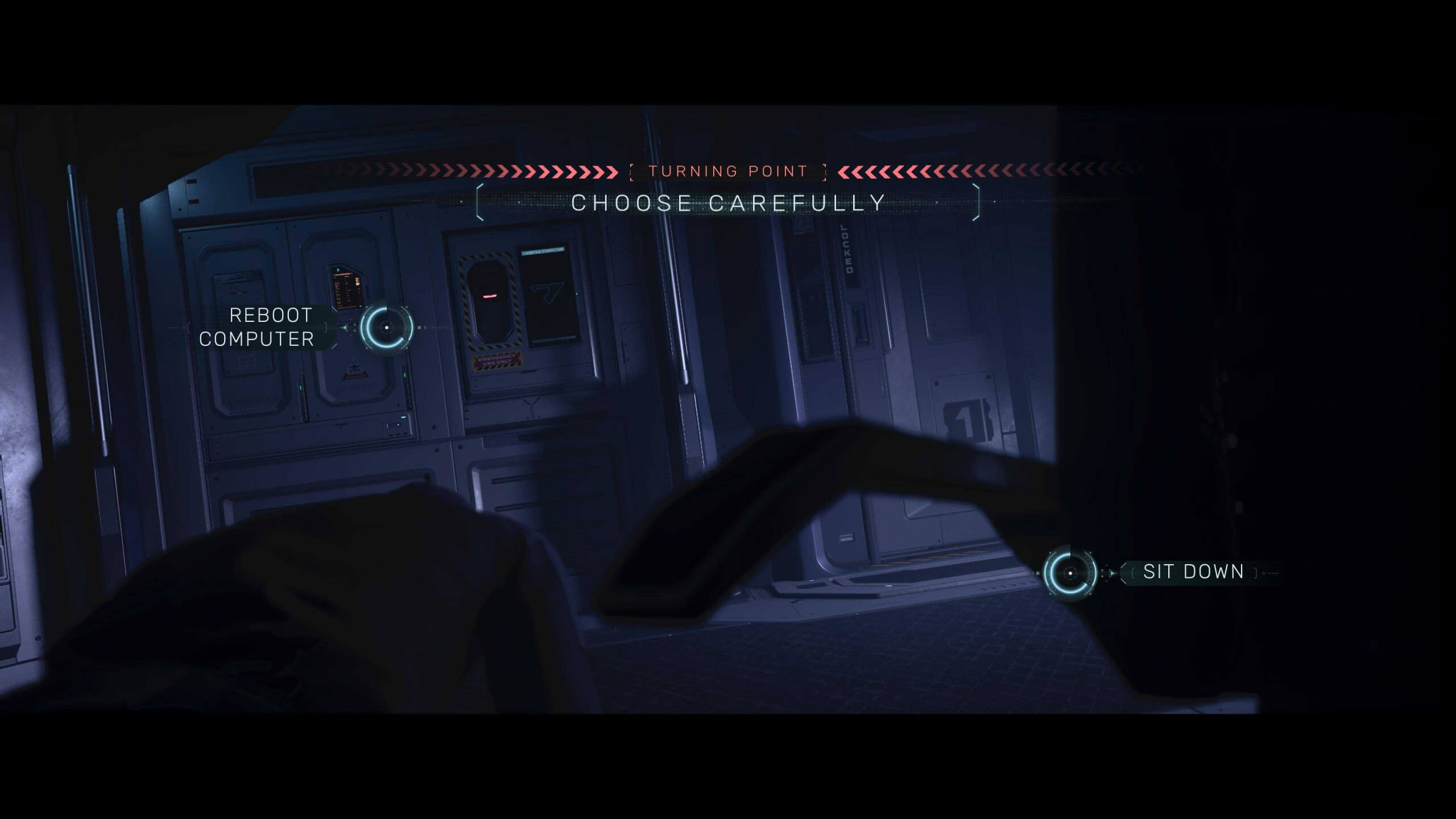 Dark sci-fi corridor with two interactive options: "Reboot Computer" on left and "Sit Down" on right, labeled "Turning Point, Choose Carefully."