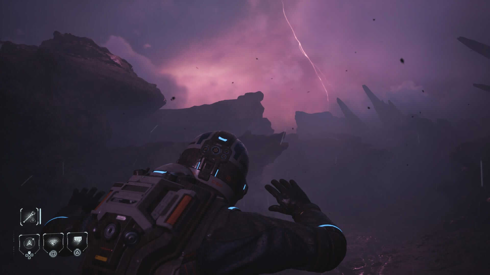 Astronaut raising hands in a rocky, dark landscape with purple stormy sky and lightning in the background.