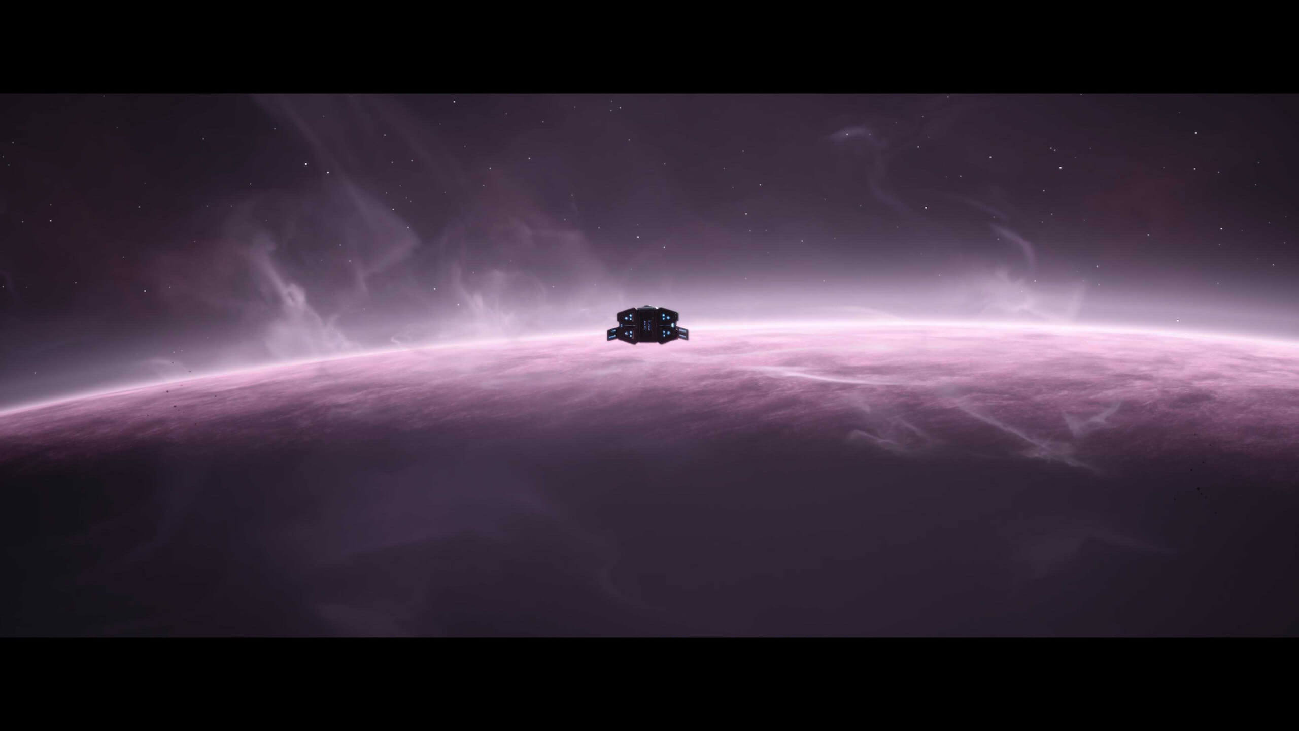 Spaceship hovering above a glowing purple planet with swirling mist and starry space in the background.