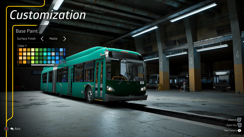 A customisation window is open on the left, with a variety of colours available. Each can be used to change the look of the selected bus, which is currently painted a bluish green shade.